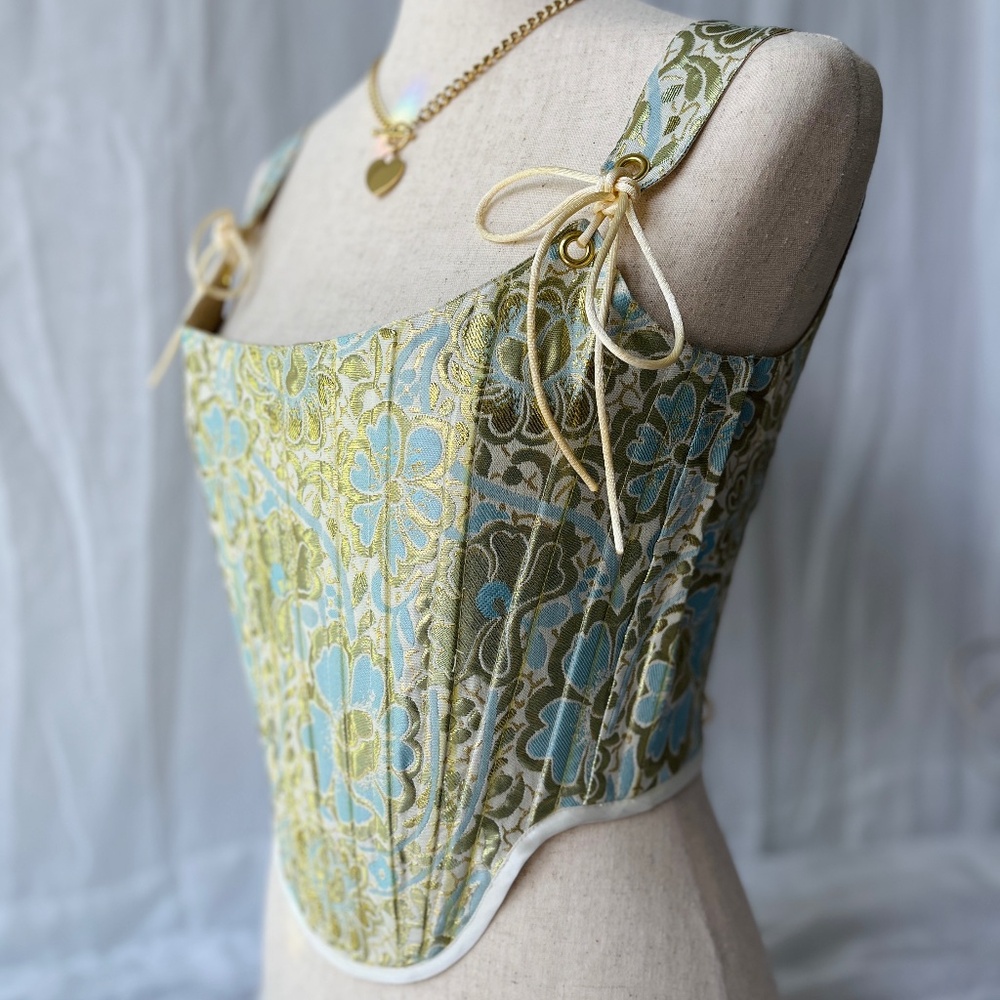 Gold Floral Brocade Corset Top: Handcrafted Flower Corset - Picture 2 of 9